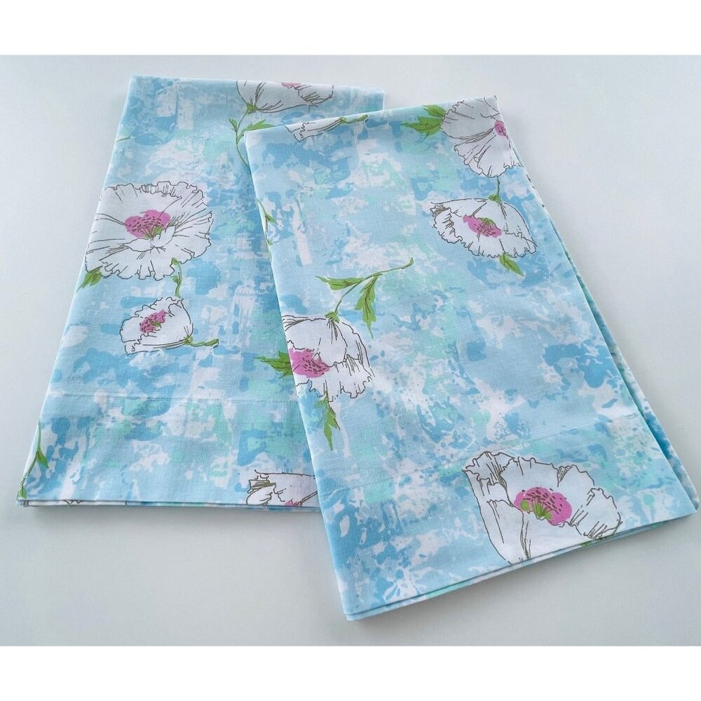 Vintage 70s blue pillowcases, white and pink large flowers, pair of pillow shams